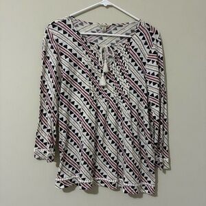Lucky Brand Boho Peasant Shirt Top Blouse White Geometric Knit Women's Size M